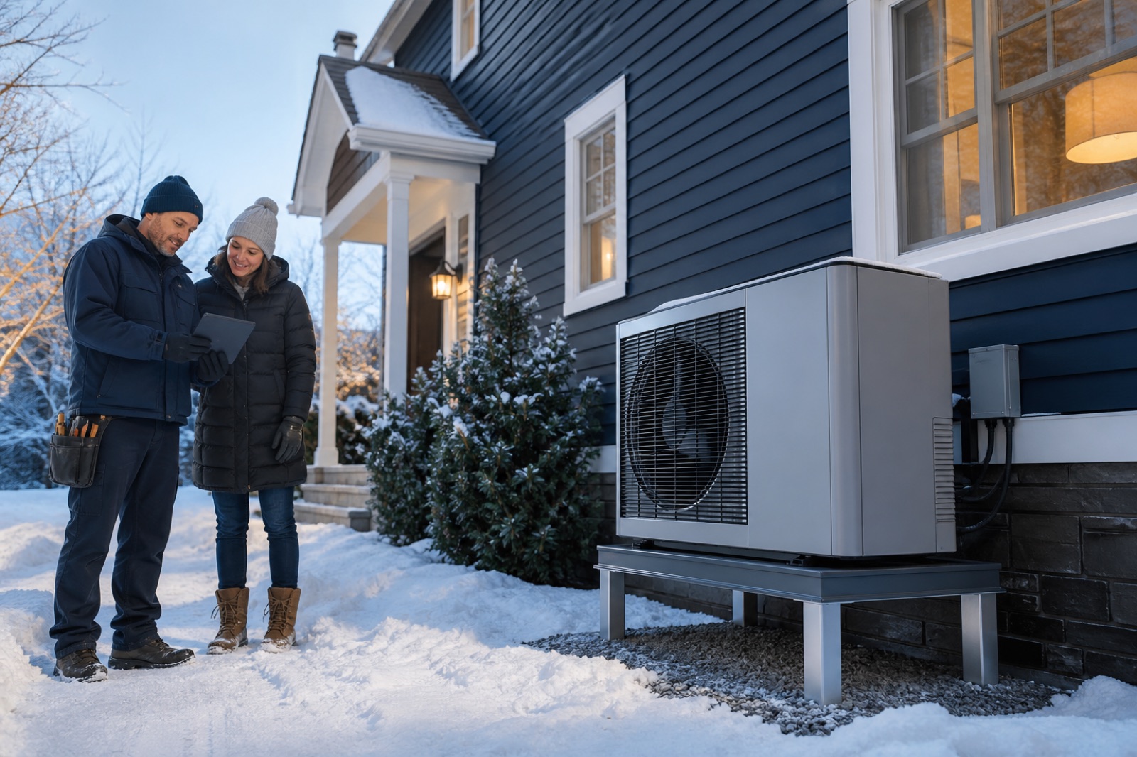 A cold-climate heat pump installed above the snow beside an American home