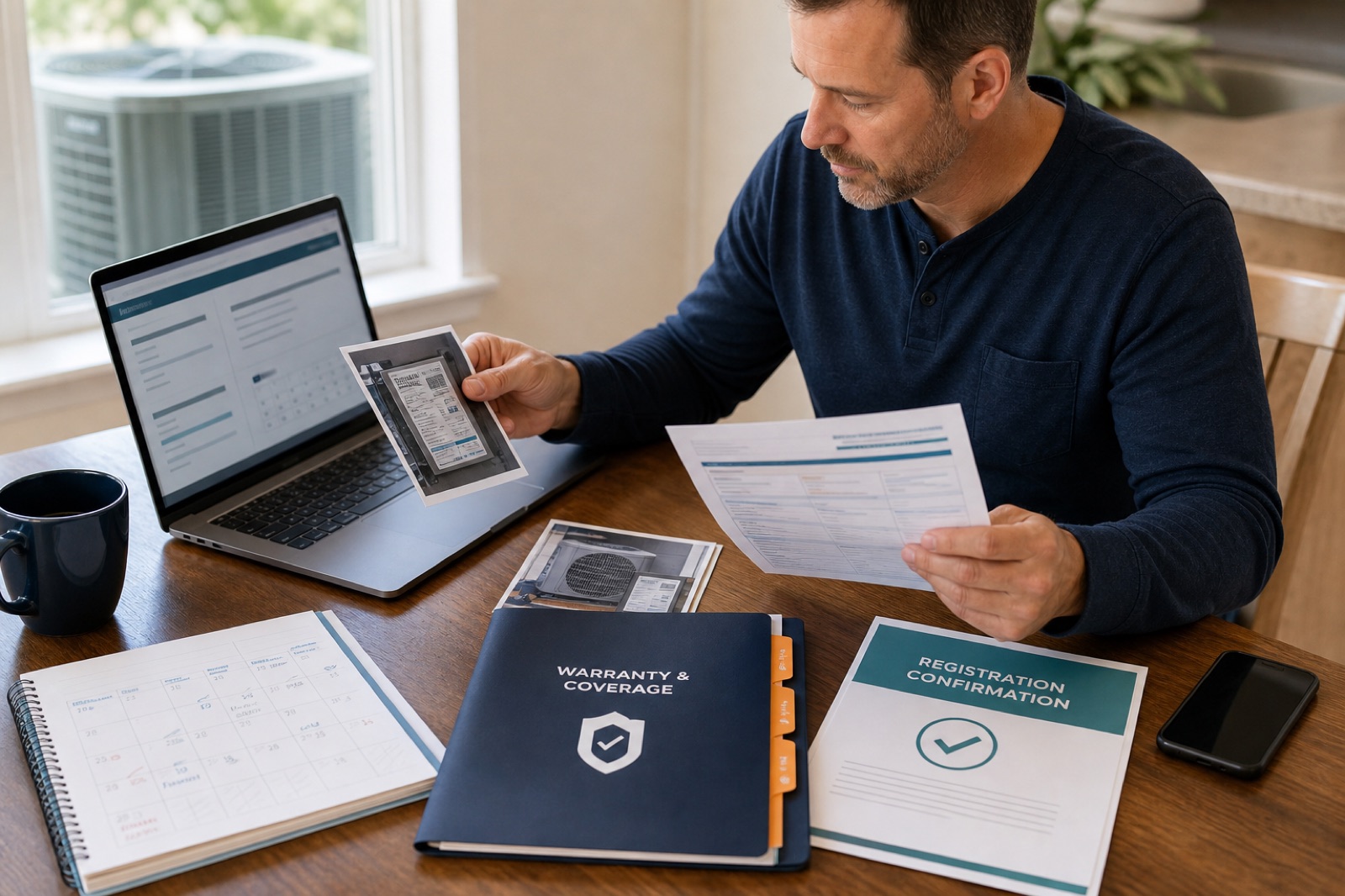 A homeowner organizing HVAC warranty registration and equipment records