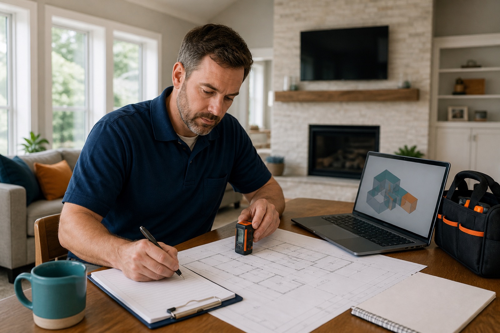 An HVAC professional measuring a home and documenting heating and cooling loads