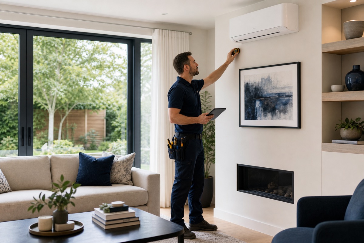 A professional surveying a home air-conditioning installation