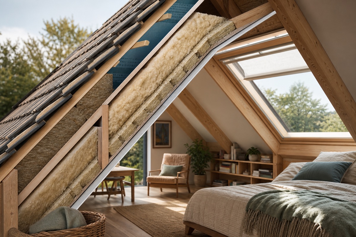 An American attic showing insulation and air-sealing layers