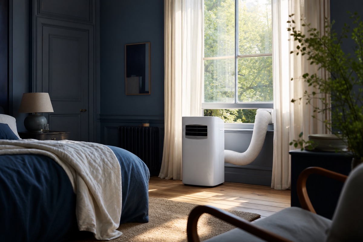 A portable air conditioner correctly vented through a window in a American bedroom