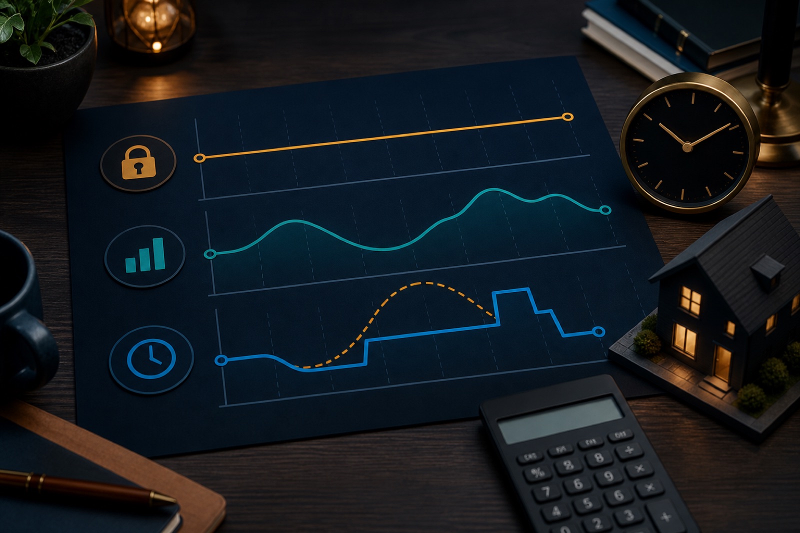 Three household electricity rate curves beside a clock, calculator and home model