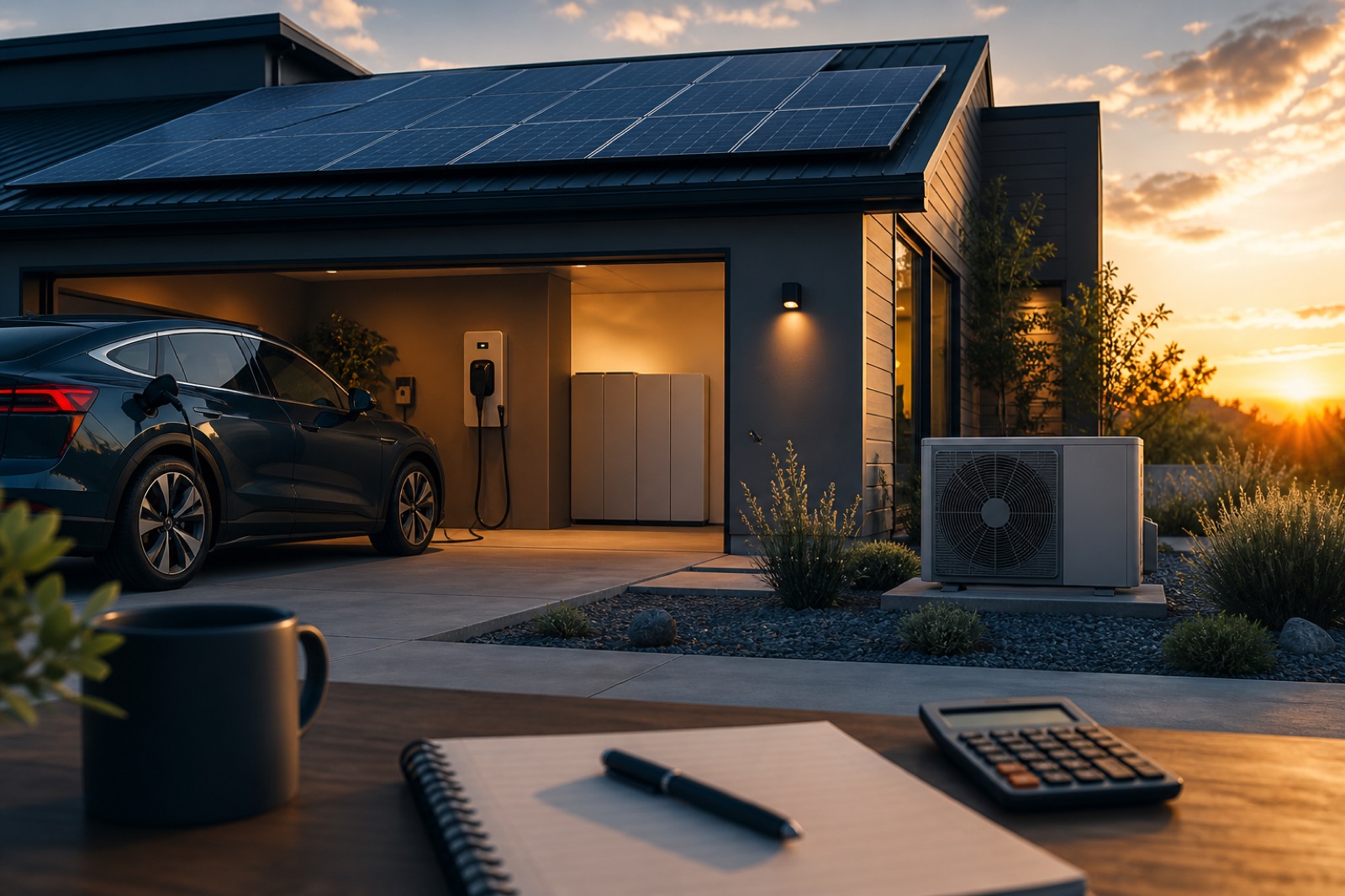 A solar home with battery storage, EV charging and a heat-pump outdoor unit