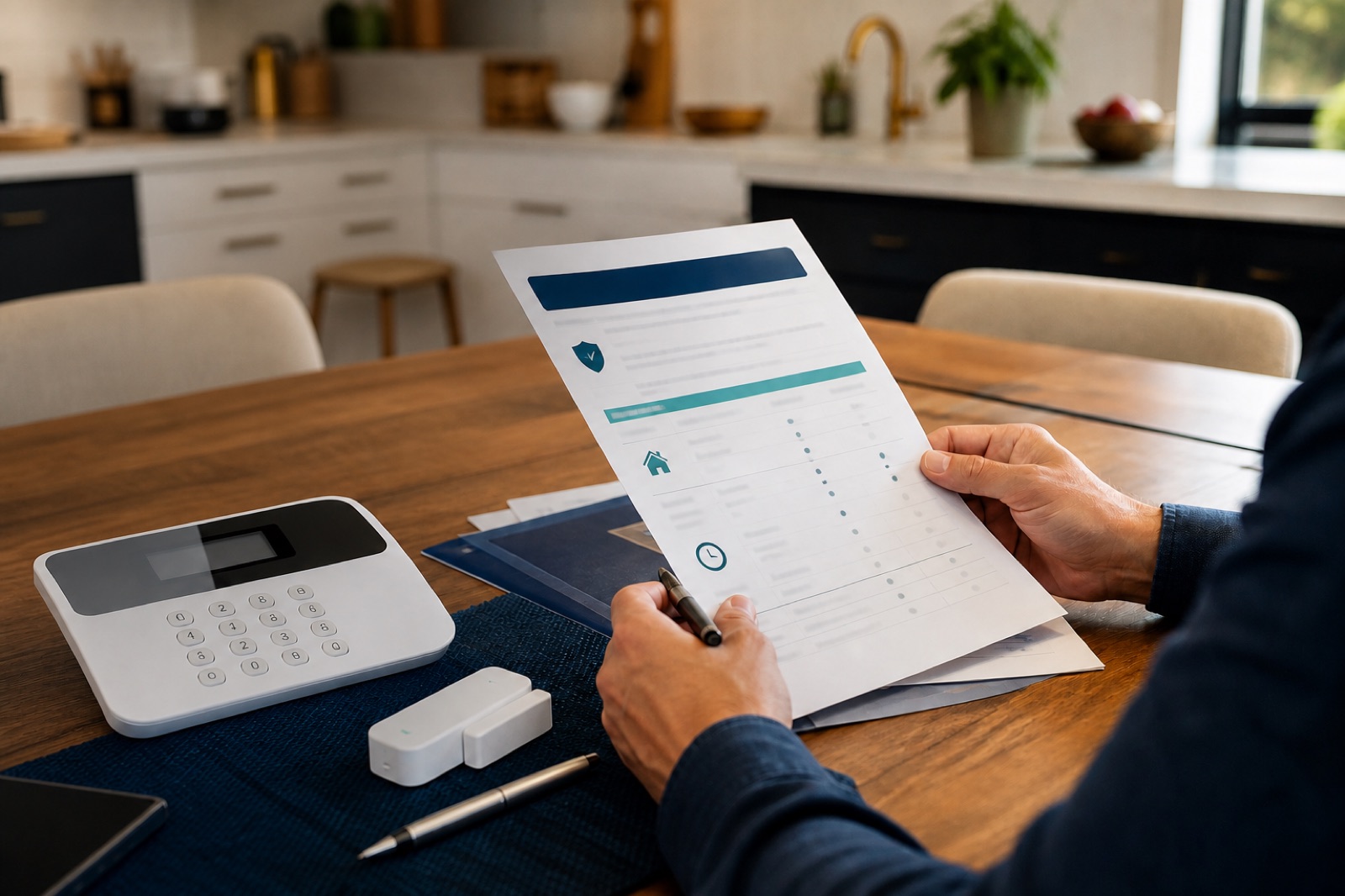 A homeowner comparing a home security contract beside an alarm keypad and door sensor