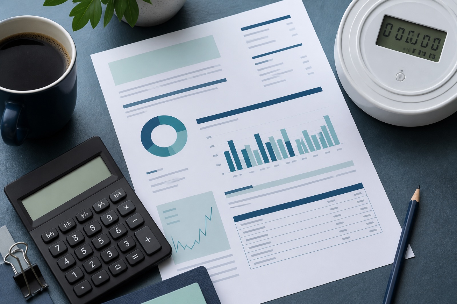 An electricity bill, calculator and household energy meter arranged for review