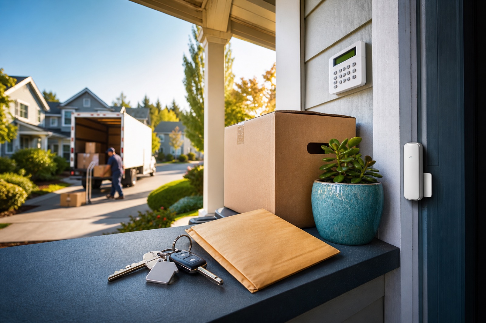 Moving boxes, house keys and home security devices on an American front porch