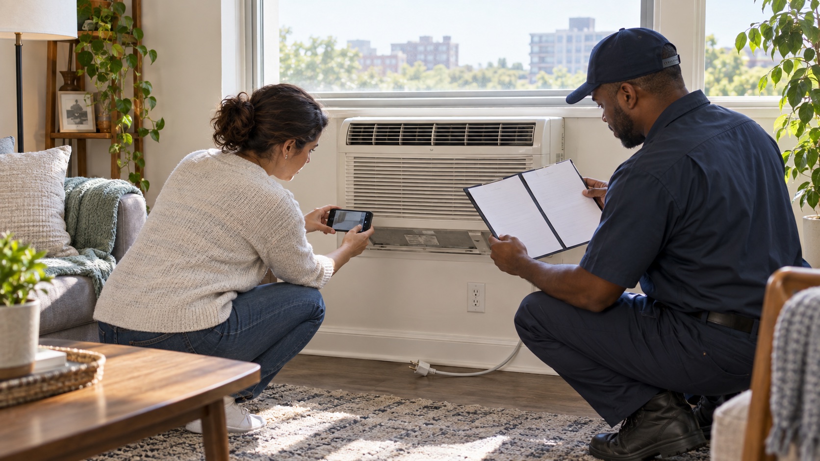 An apartment resident photographs a through-the-wall air conditioner's exterior label while a maintenance professional compares two separate recall instruction sheets