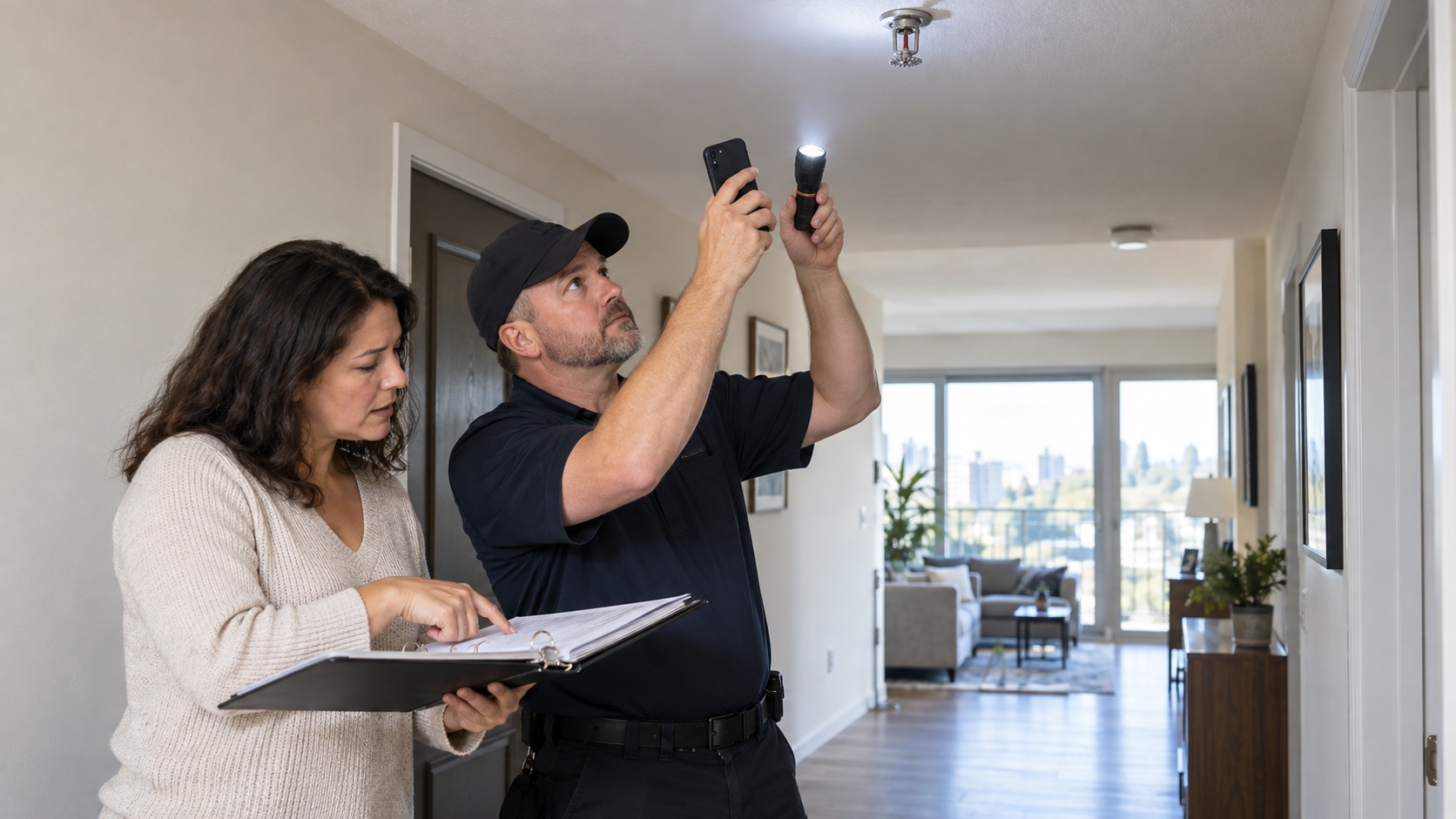 A homeowner reviews building records while a fire-protection professional photographs a ceiling sprinkler from a safe distance