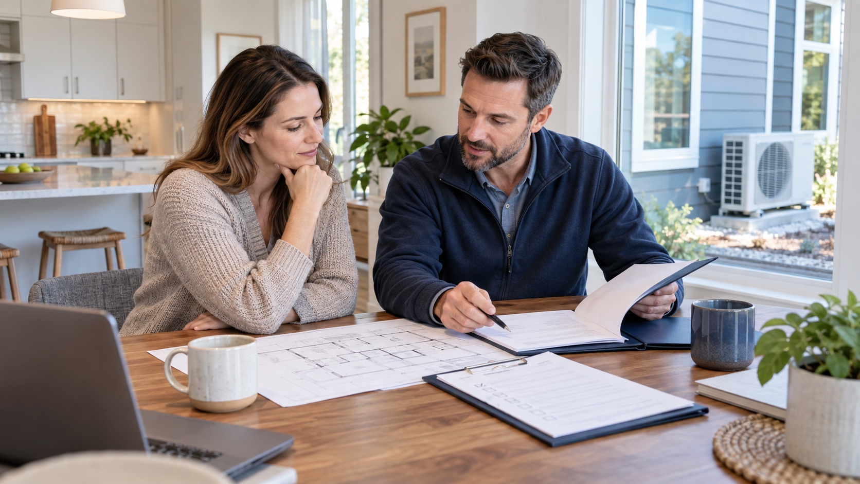 A prospective homebuyer and independent energy rater review new-home plans and verification records beside a heat pump