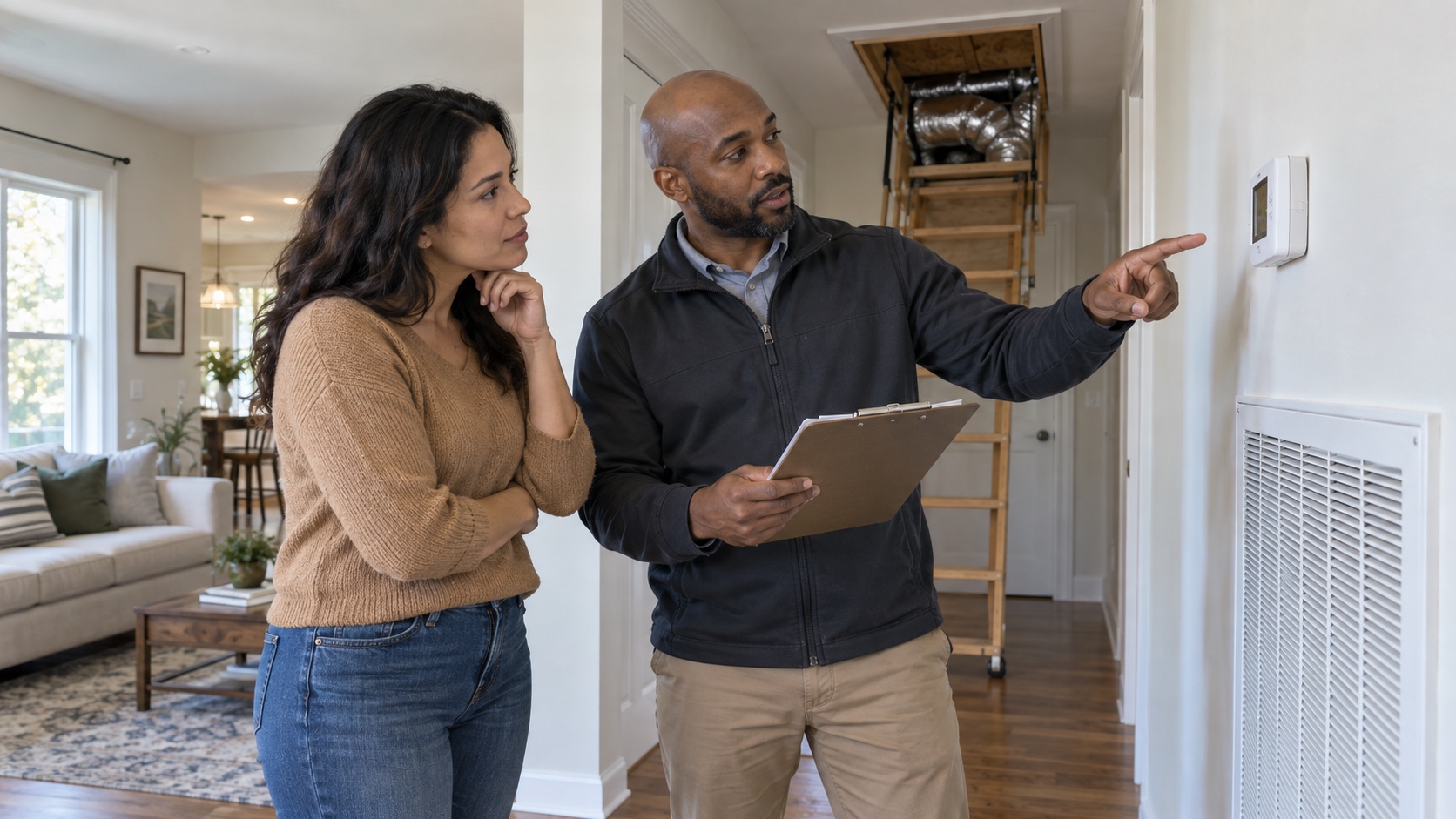 A prospective homebuyer and home-energy assessor review HVAC and home facts beside a thermostat and return-air grille