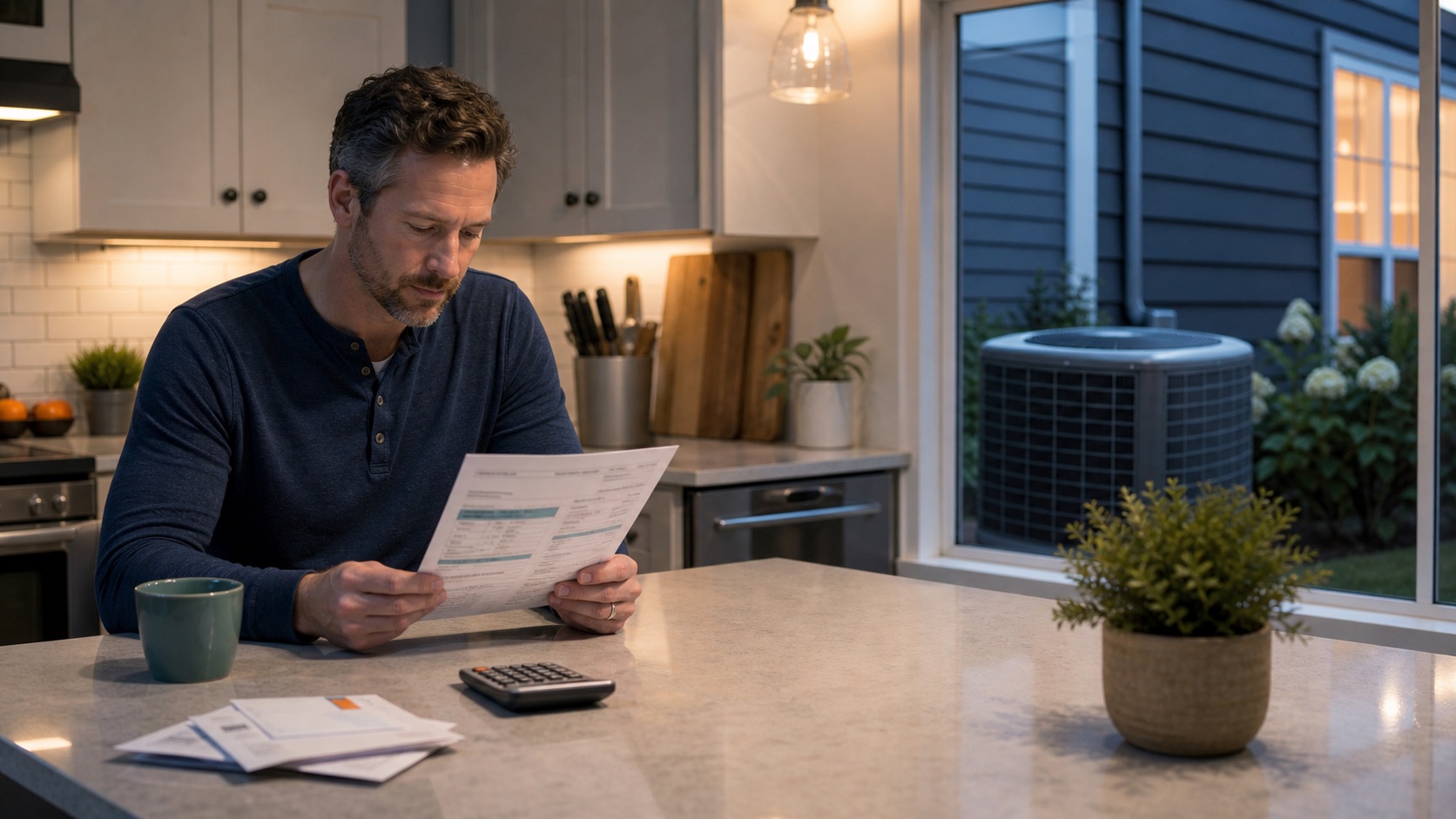 A homeowner reviewing an electricity bill and calculator with a central air conditioner visible outside