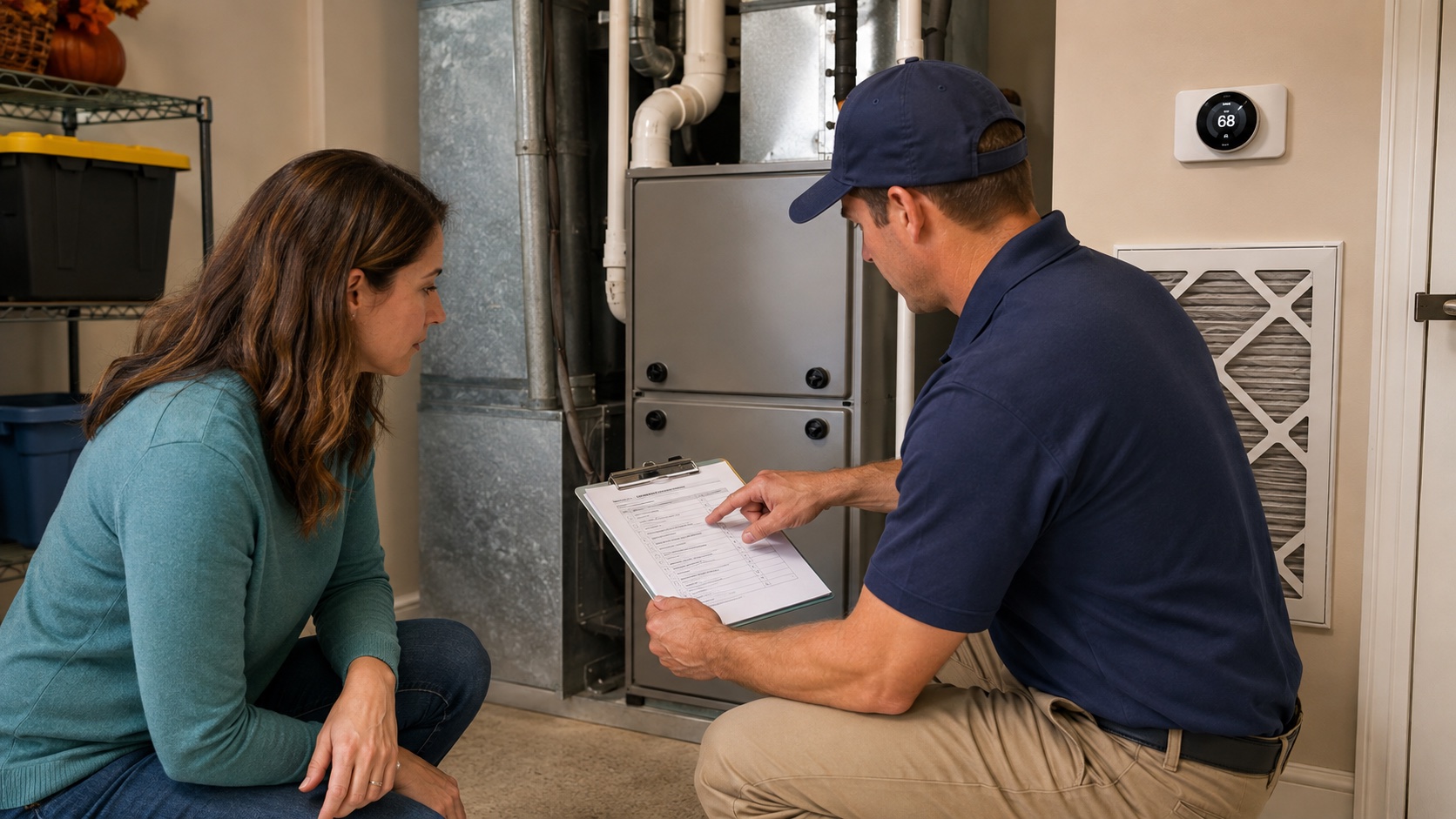 A homeowner and HVAC technician reviewing a fall heating maintenance checklist beside a residential furnace