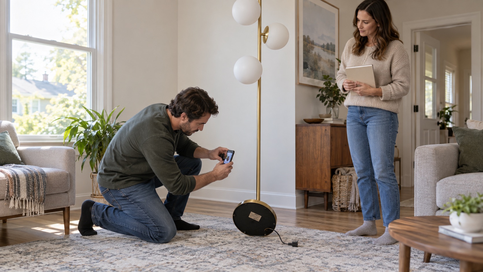 A homeowner photographs the underside label of an unplugged three-globe floor lamp while another adult records the details