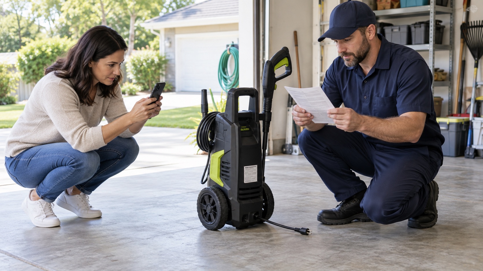 A homeowner photographs an unplugged electric pressure washer while an electrical service professional reviews a safety notice