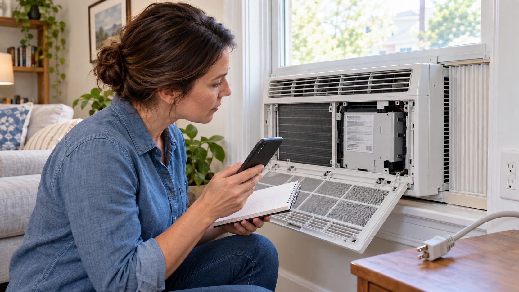 A homeowner checks the rating plate inside an unplugged generic window air conditioner