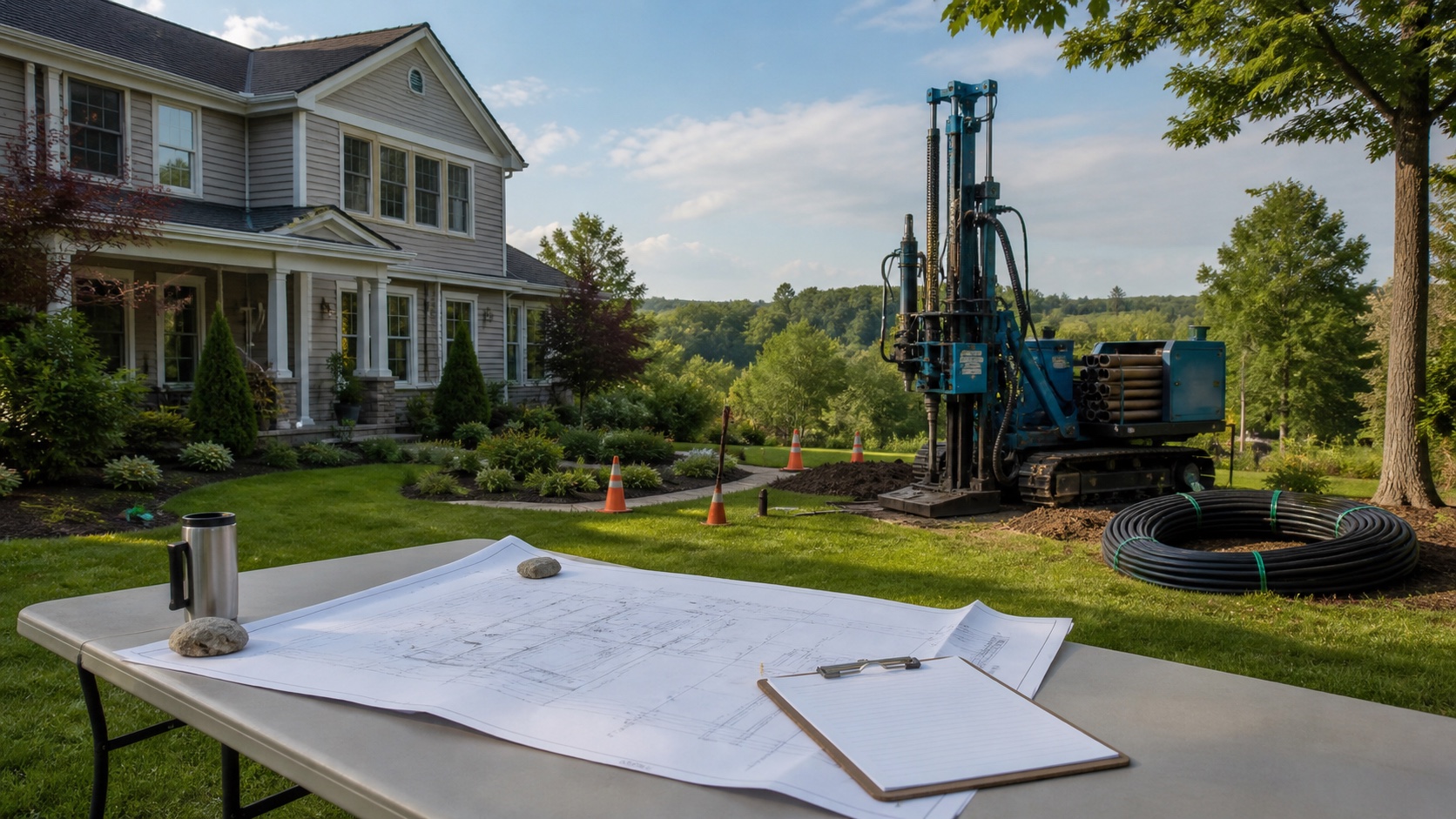 A residential geothermal drilling rig and ground-loop pipe beside a home, with site plans ready for quote review