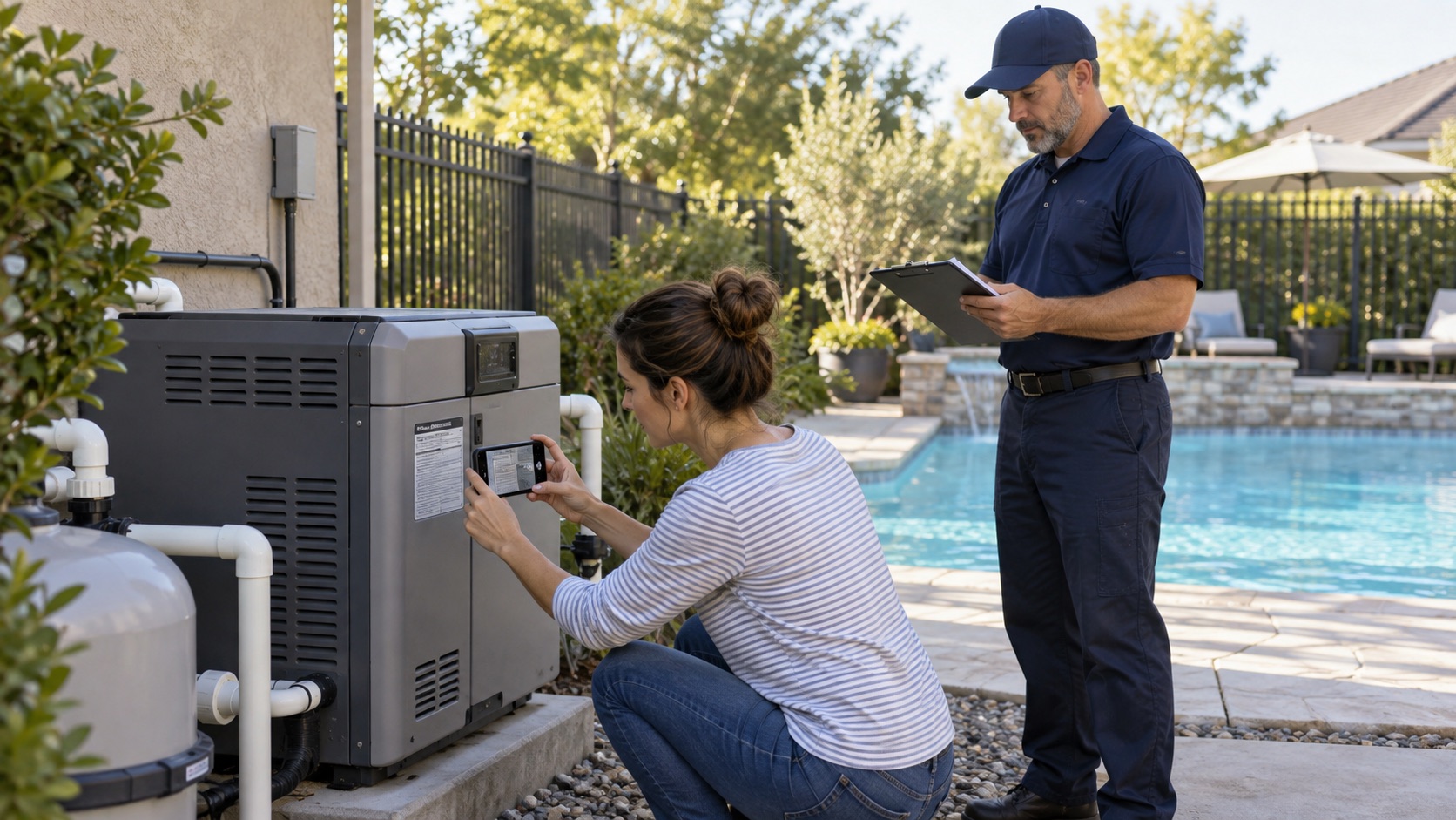 A homeowner documents the exterior nameplate on an inactive generic gas pool heater while a qualified technician reviews a work order