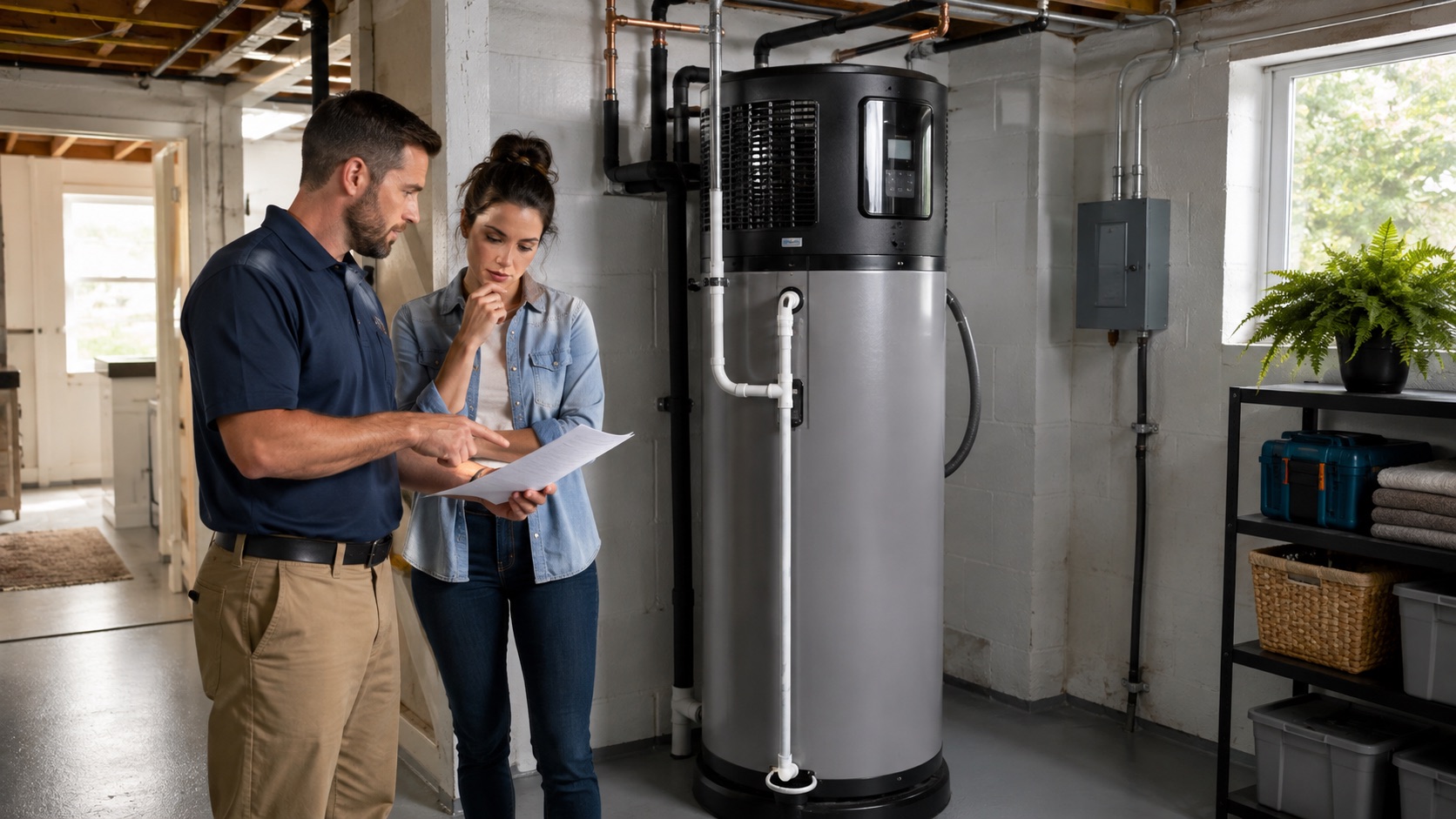 A homeowner and installer reviewing a heat-pump water heater installation in a bright residential utility room