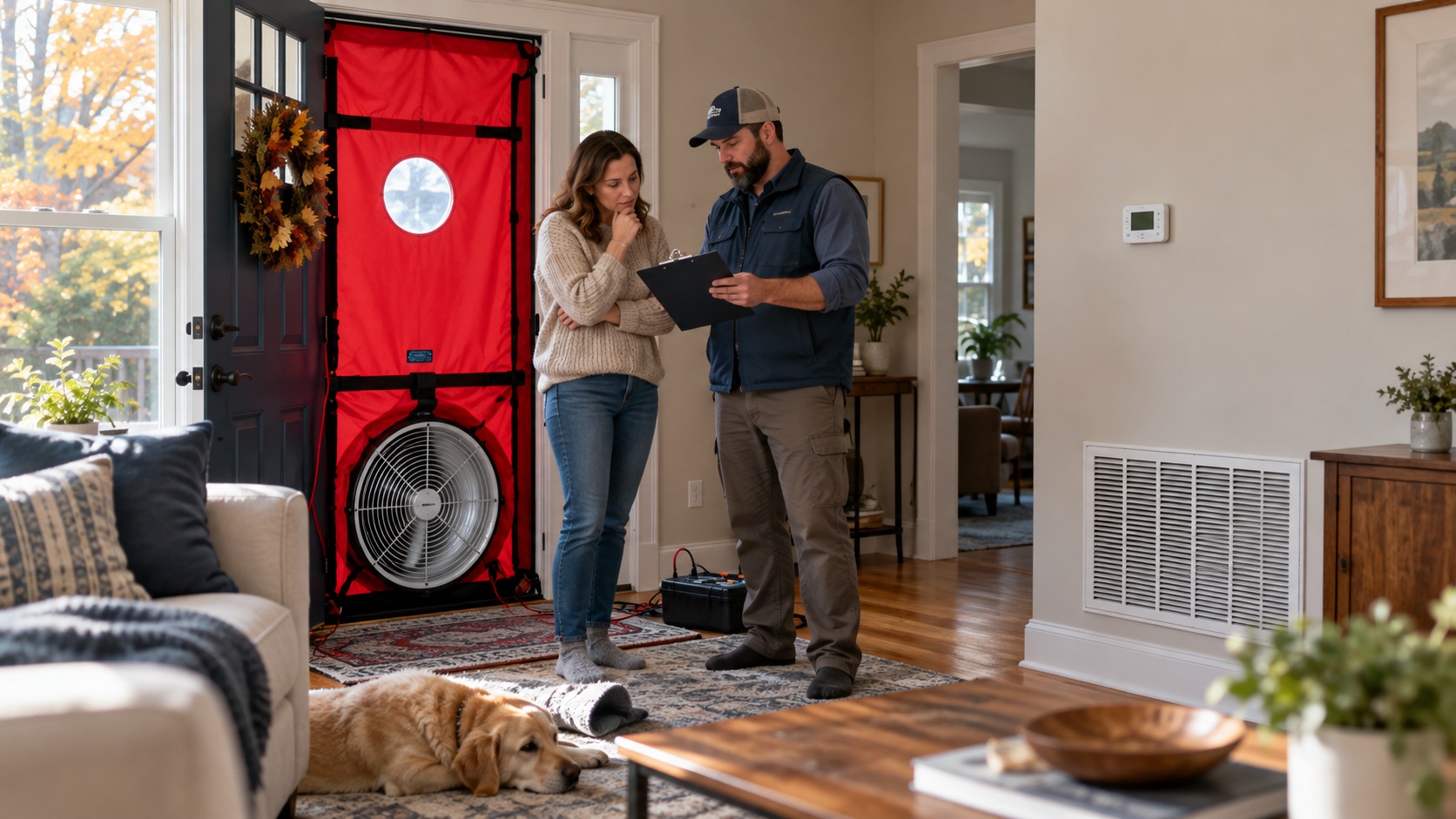 A homeowner and home-energy assessor reviewing a blower-door test and heating comfort findings near a return-air grille