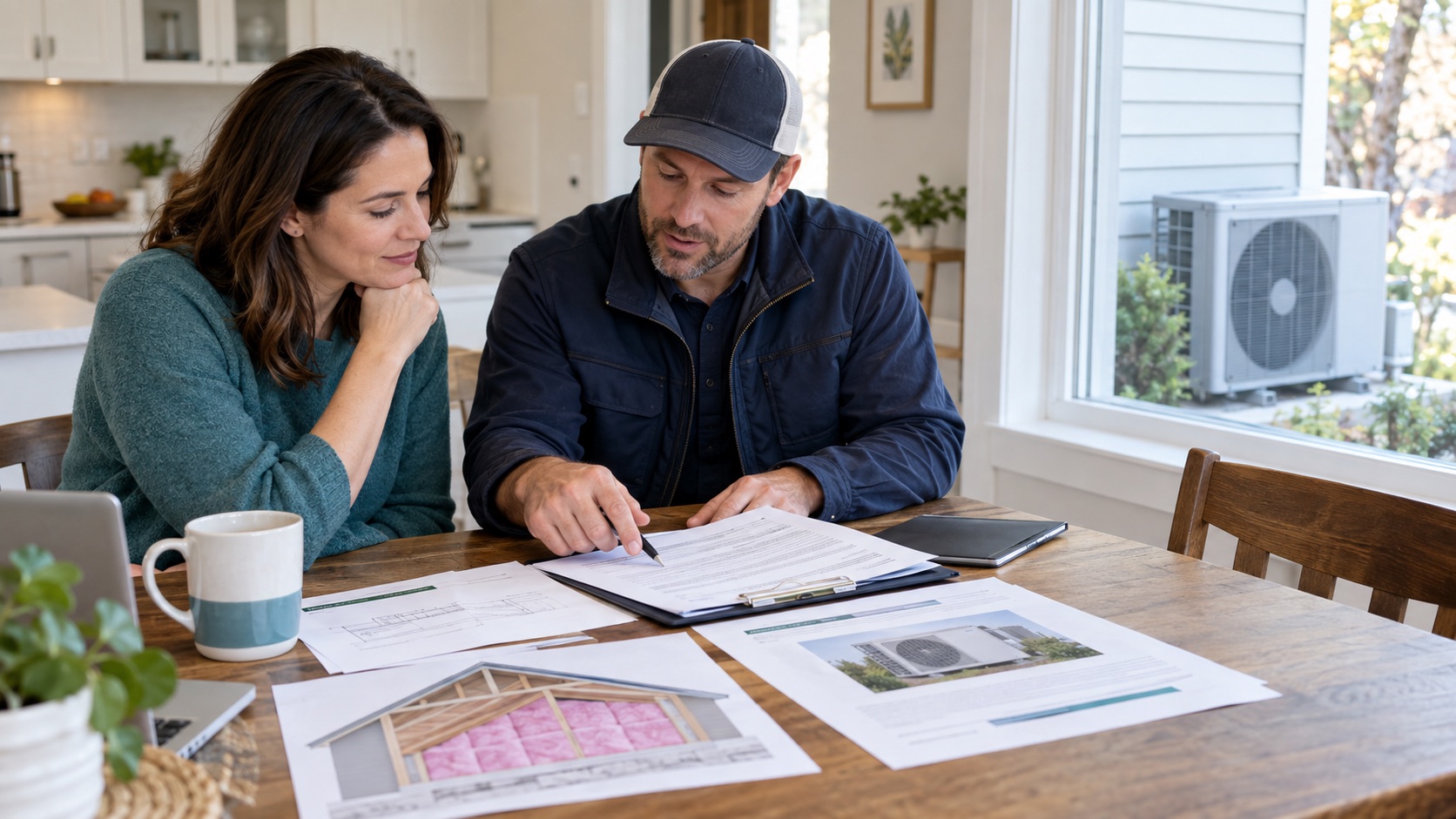 A homeowner and home-energy contractor review a heat-pump and insulation project scope at a kitchen table