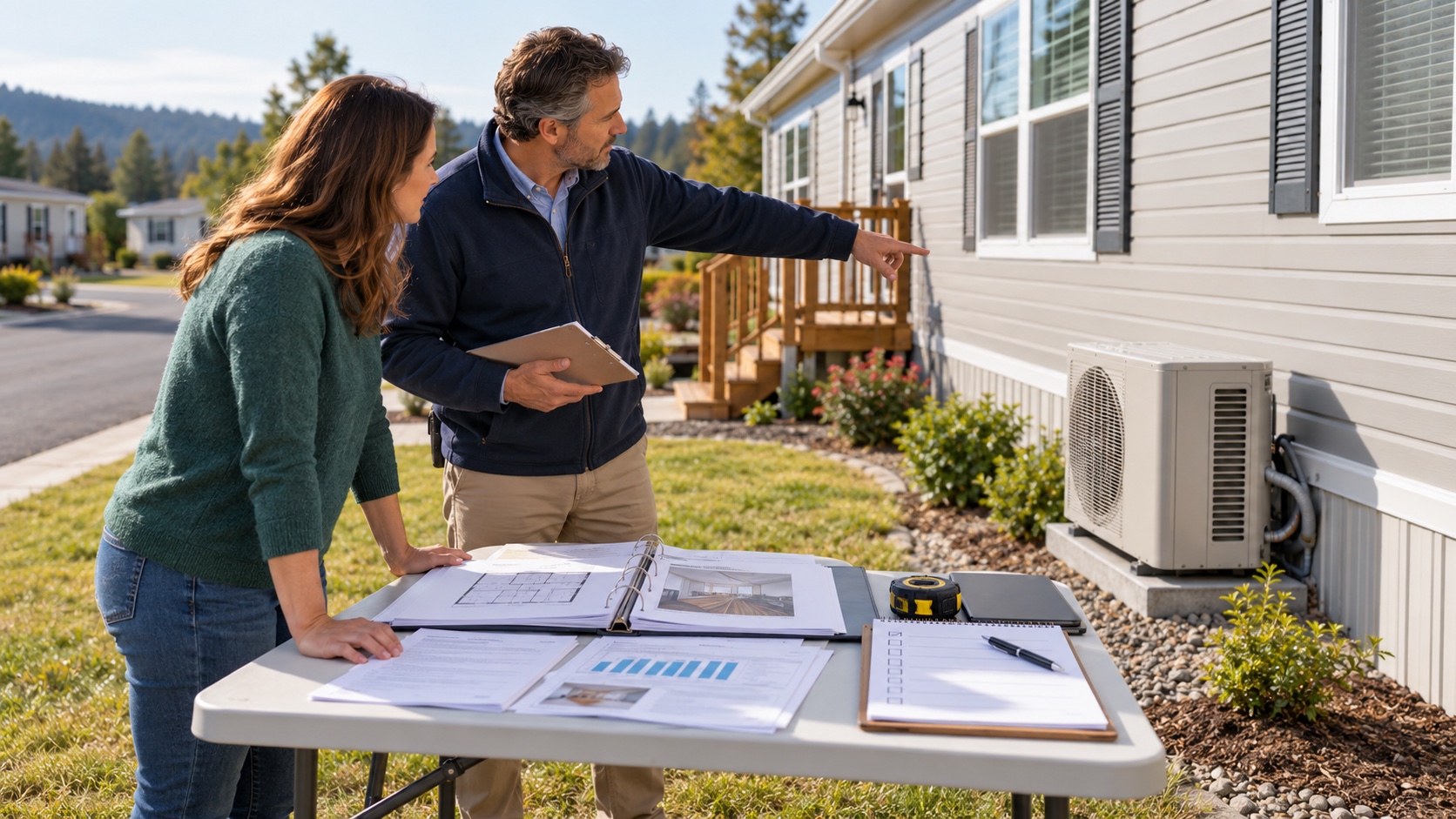 A prospective buyer and an independent inspector review energy and HVAC records beside a modern manufactured home