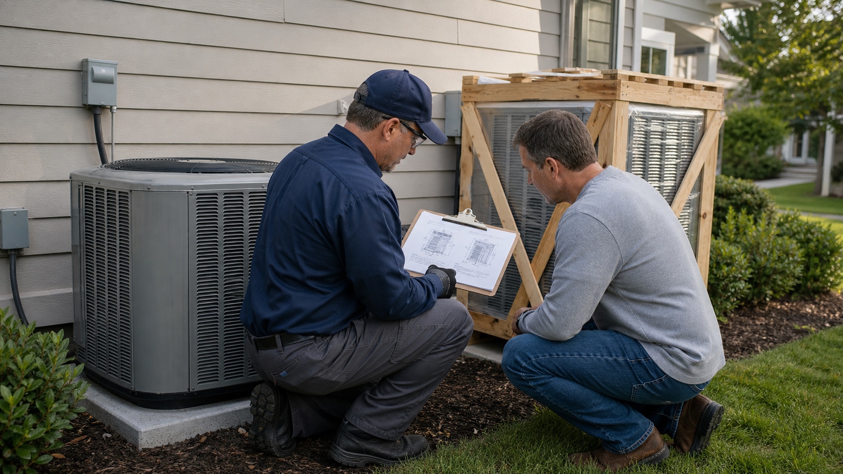 A homeowner and HVAC technician comparing an existing outdoor condenser with a replacement unit and written equipment scope