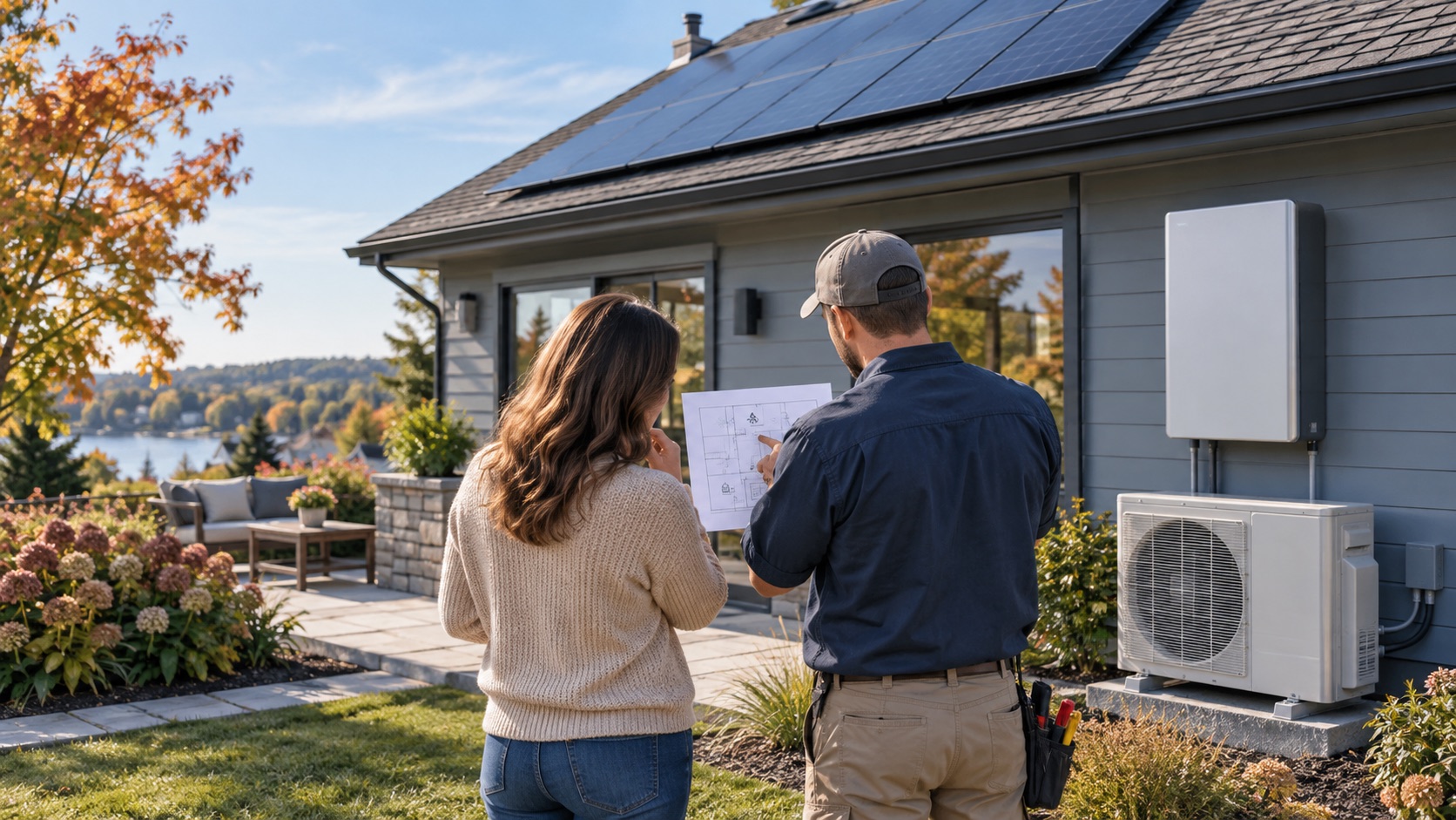 A homeowner and electrician review a backup-load plan beside rooftop solar, a wall battery and an outdoor heat pump