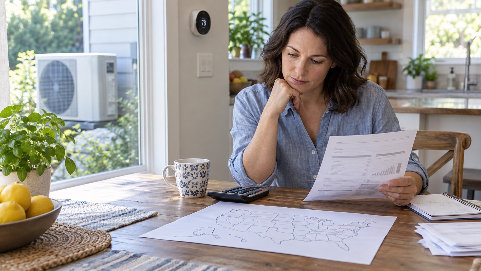 A homeowner compares an electricity bill and calculator with an unlabeled United States map while a heat pump is visible outside