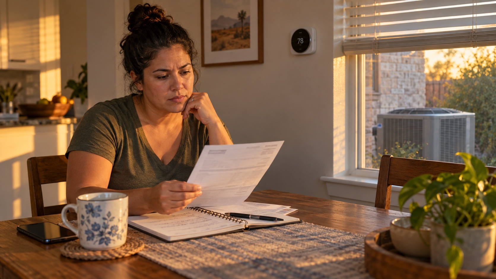 A Texas homeowner reviewing an electricity bill beside a thermostat with an outdoor air-conditioning unit visible through the window