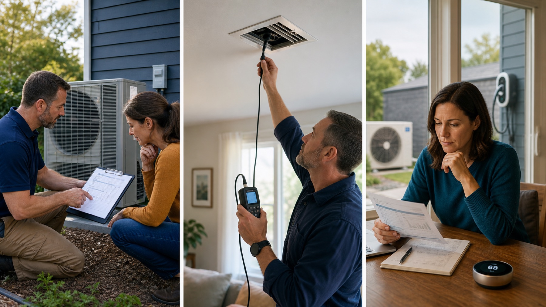 A technician and homeowners reviewing HVAC, airflow and electricity decisions