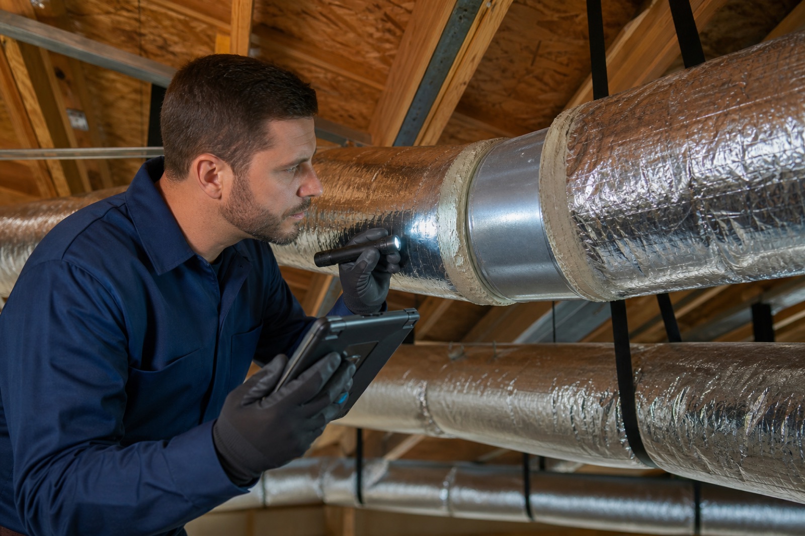 An HVAC professional inspecting and documenting sealed attic ductwork