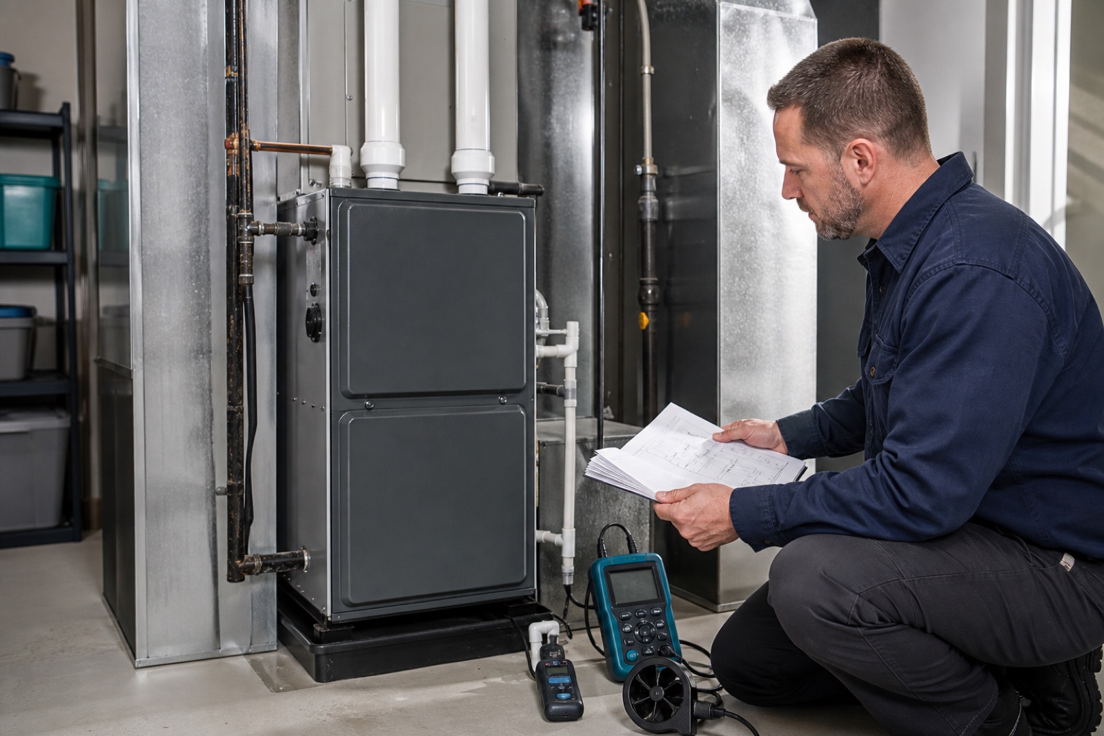 An HVAC technician reviewing furnace venting and commissioning measurements