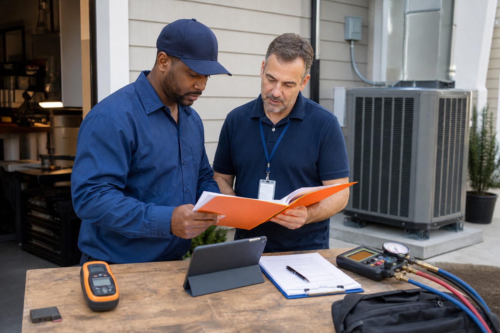 An HVAC technician and inspector reviewing permit and commissioning records