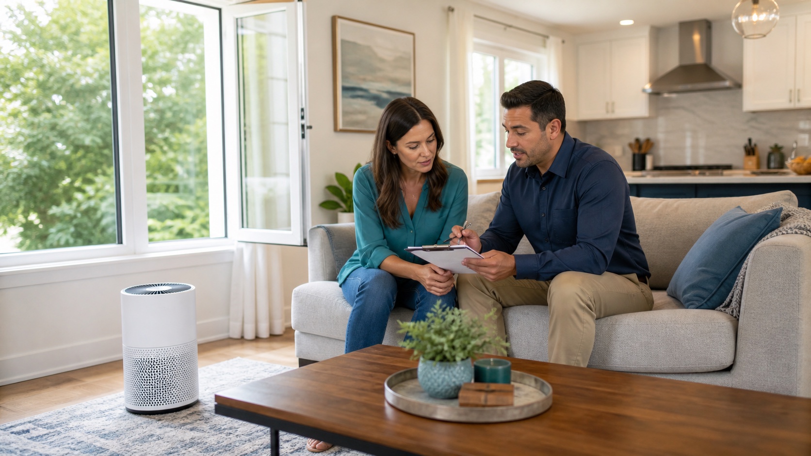 A homeowner and indoor-air professional reviewing a room plan beside a portable air cleaner, open window and kitchen exhaust hood
