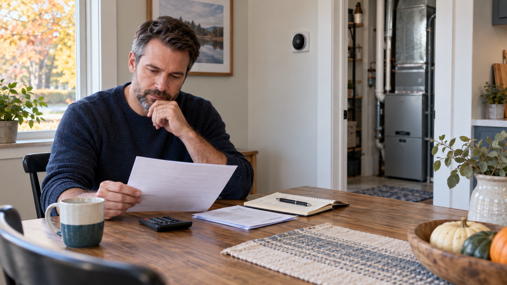 A homeowner reviewing a natural-gas utility bill and heating budget beside a thermostat with a residential furnace visible