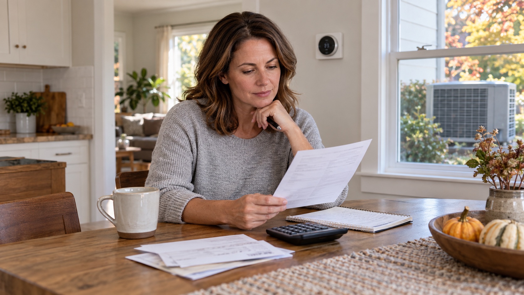 A homeowner reviewing an electricity bill and household energy budget beside a thermostat with an outdoor heat-pump unit visible