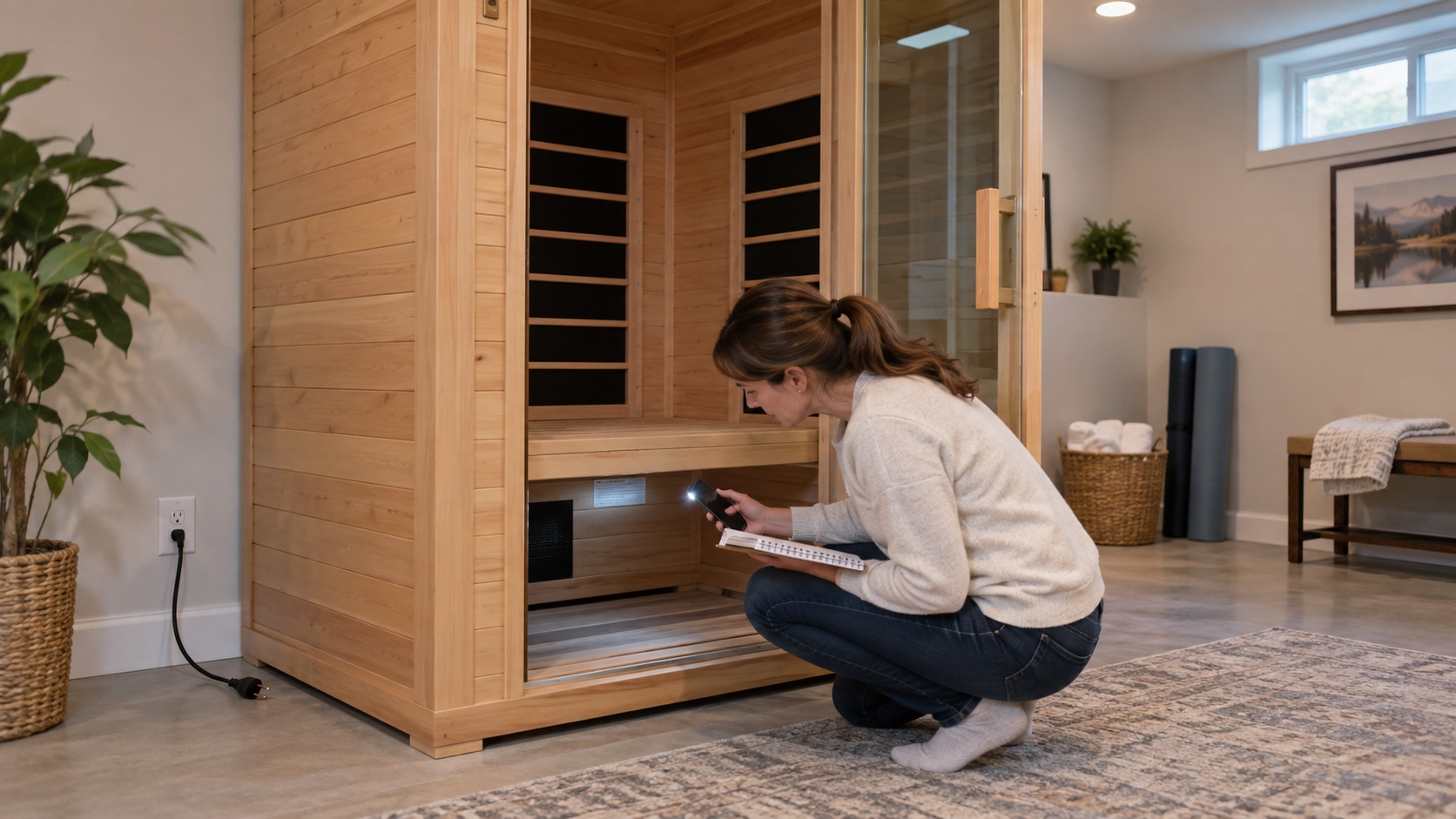 A homeowner documents the rating label inside an unplugged generic infrared sauna without attempting a repair
