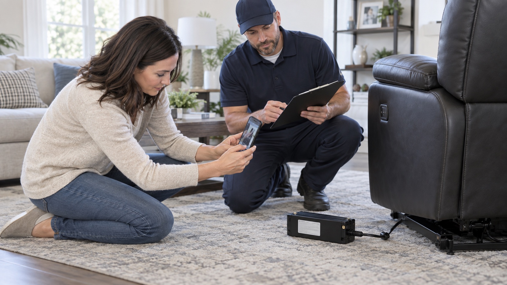 A homeowner photographs the exterior label on a reclining-chair battery pack while a service professional records the details