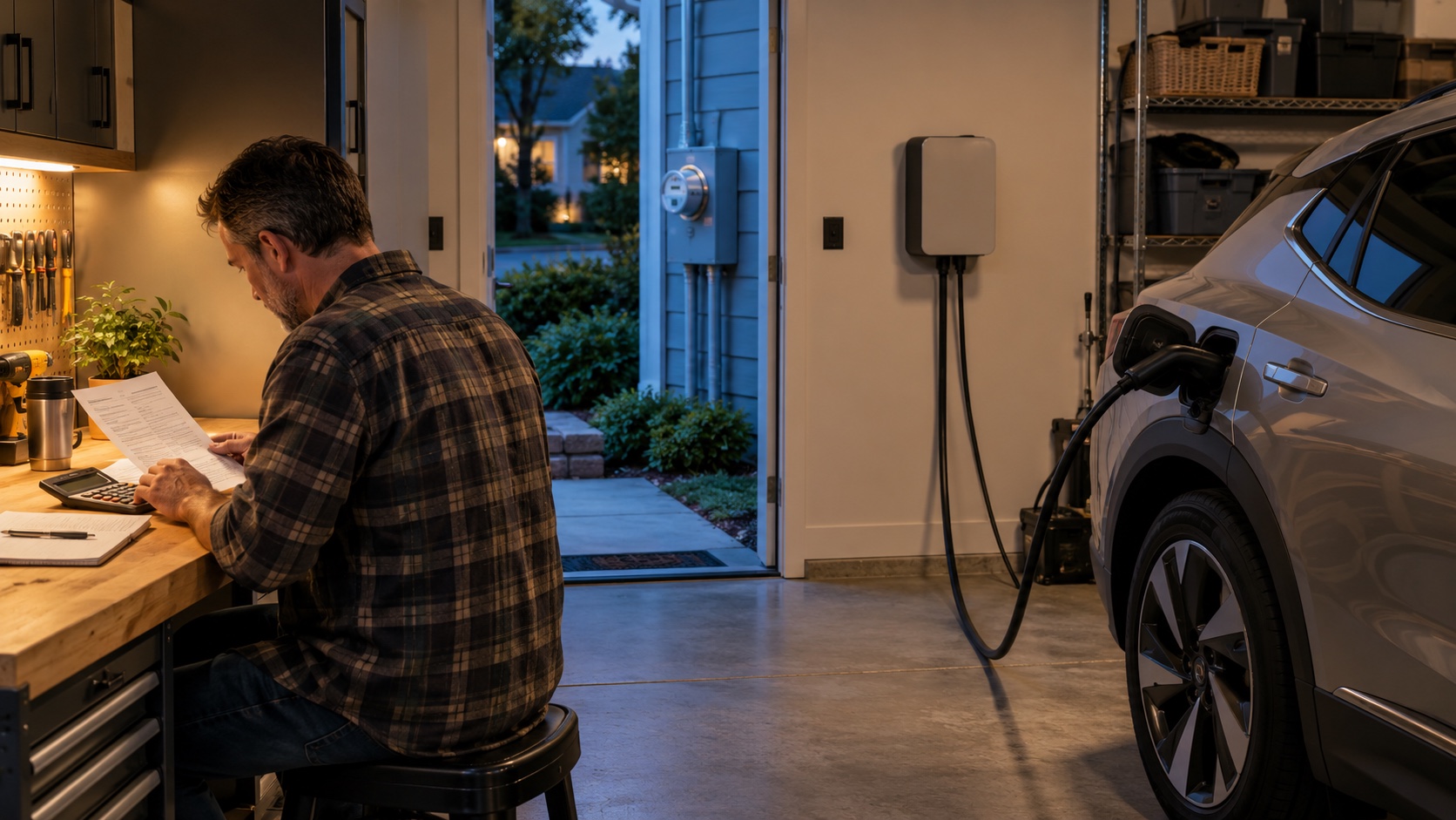 A homeowner compares a utility bill while an electric vehicle charges from a wall-mounted Level 2 charger in a residential garage
