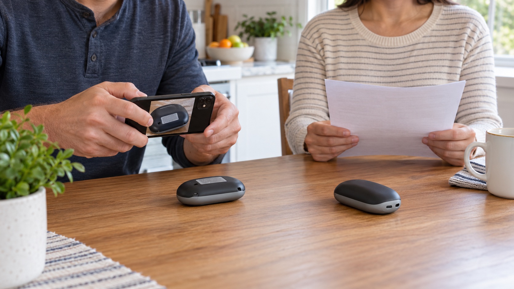 A homeowner photographs the exterior label of two cool unplugged rechargeable hand warmers while another adult reviews recall instructions