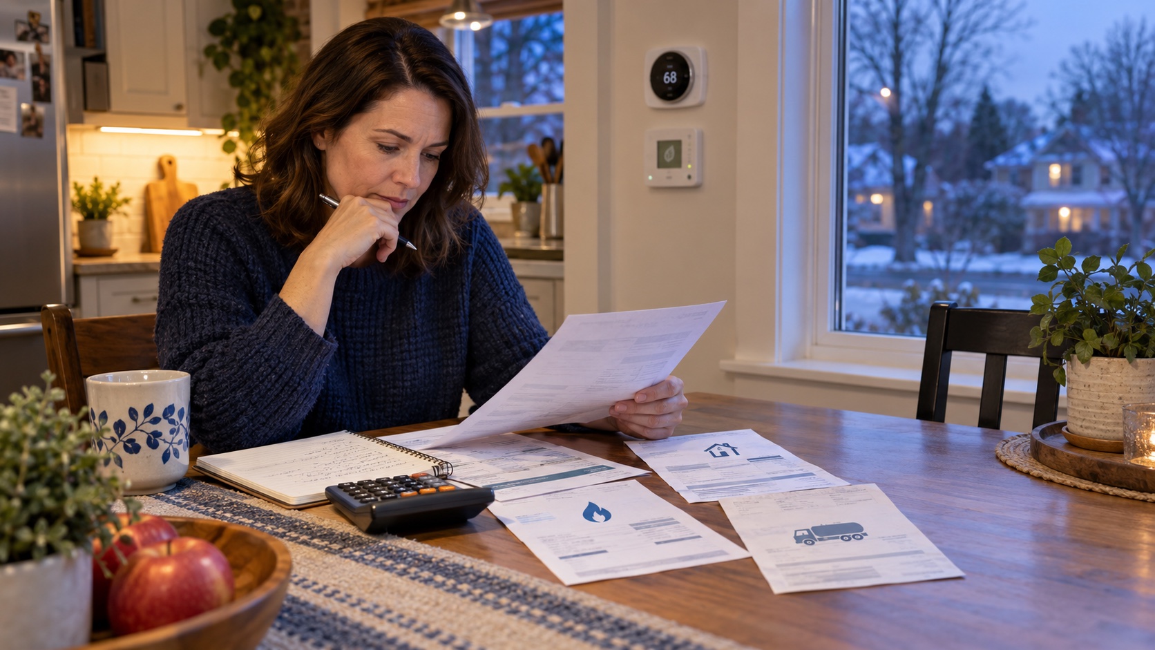 A homeowner reviews winter utility bills and a heating budget beside a thermostat on a cold evening